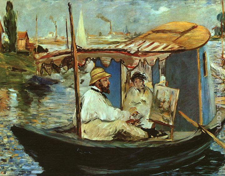 Claude Monet working on his boat in Argenteuil painting - Eduard Manet Claude Monet working on his boat in Argenteuil art painting
